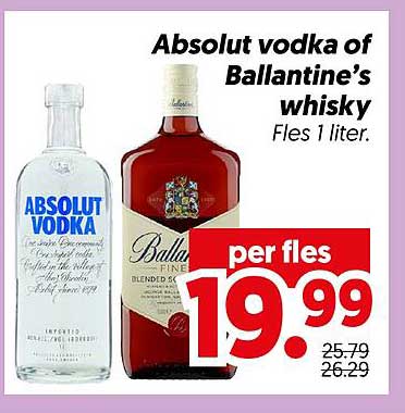Absolut vodka of Ballantine’s whisky Fles 1 liter. per fles