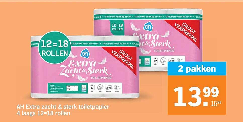 AH Extra zacht & sterk toiletpapier 4 laags 12=18 rollen