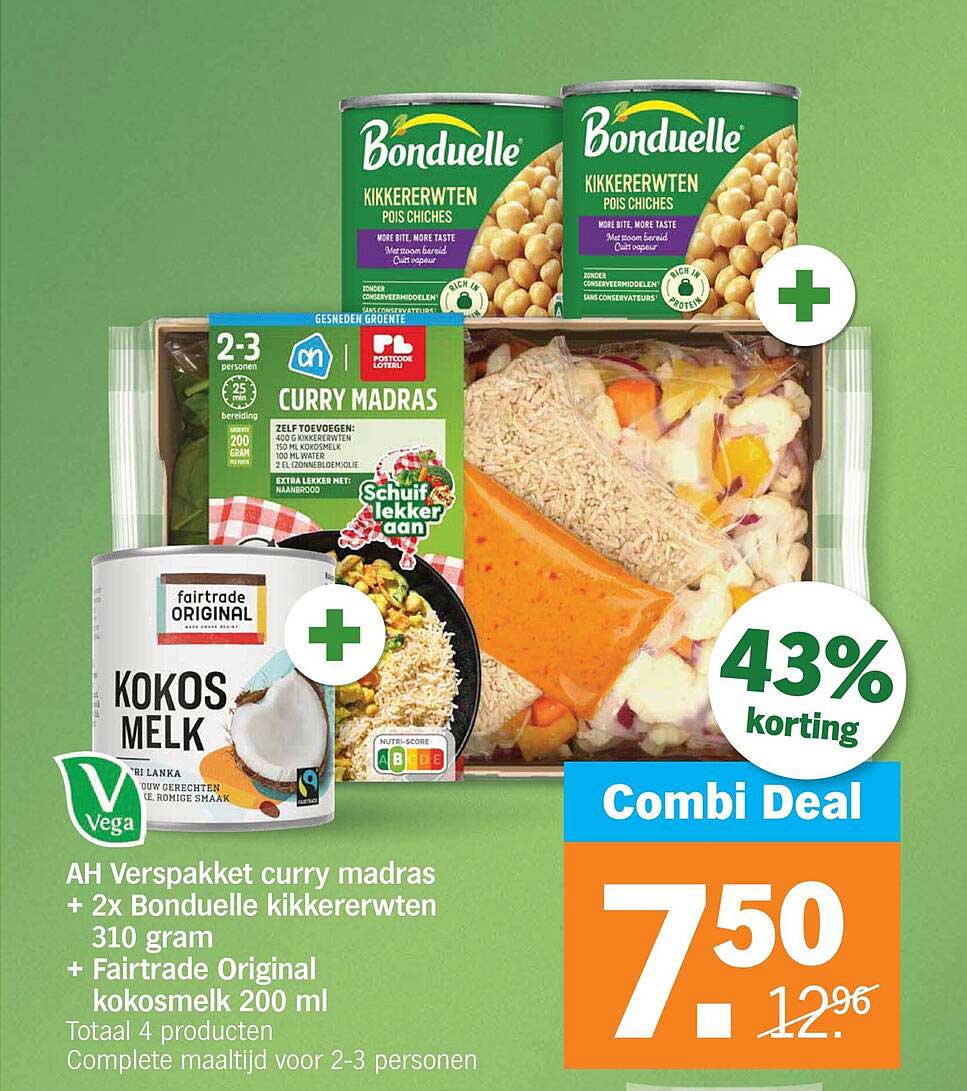 AH Verspakket curry madras + 2x Bonduelle kikkererwten 310 gram + Fairtrade Original kokosmelk 200 ml