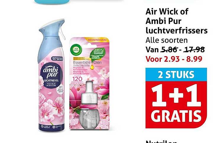 Air Wick of Ambi Pur luchtverfrissers Alle soorten 1+1 gratis