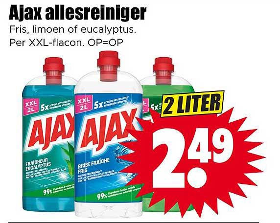 Ajax allesreiniger Fris, limoen of eucalyptus. Per XXL-flacon. OP=OP