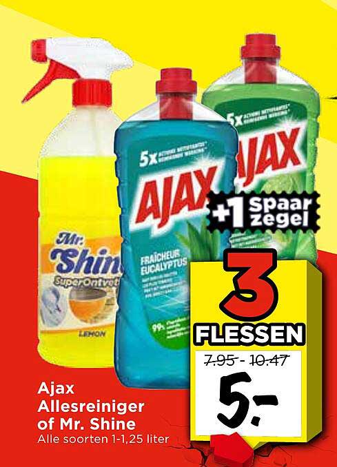 Ajax Allesreiniger of Mr. Shine Alle soorten 1-1,25 liter +1 Spaар zegel 3 FLESSEN
