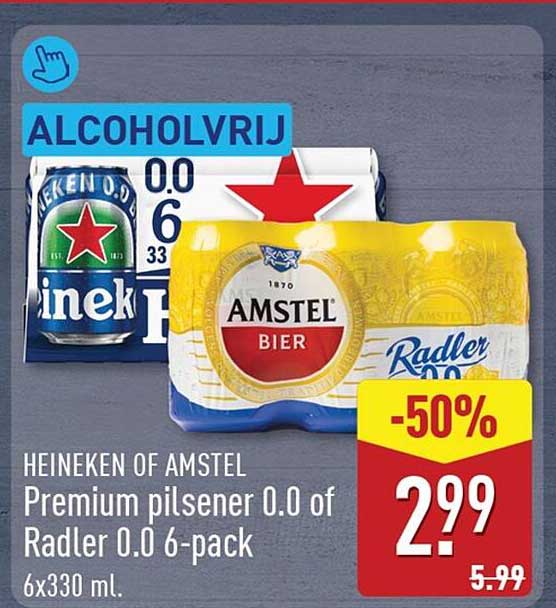 ALCOHOLVRIJ HEINEKEN OF AMSTEL Premium pilsener 0.0 of Radler 0.0 6-pack