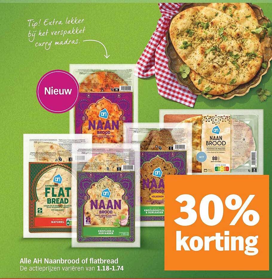 Alle AH Naanbrood of flatbread 30% korting