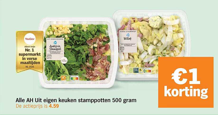 Alle AH Uit eigen keuken stamppotten 500 gram €1 korting