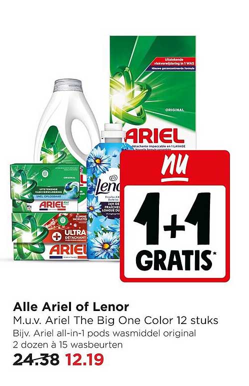 Alle Ariel of Lenor M.u.v. Ariel The Big One Color 12 stuks Bijv. Ariel all-in-1 pods wasmiddel original 2 dozen à 15 wasbeurten NU 1+1 GRATIS