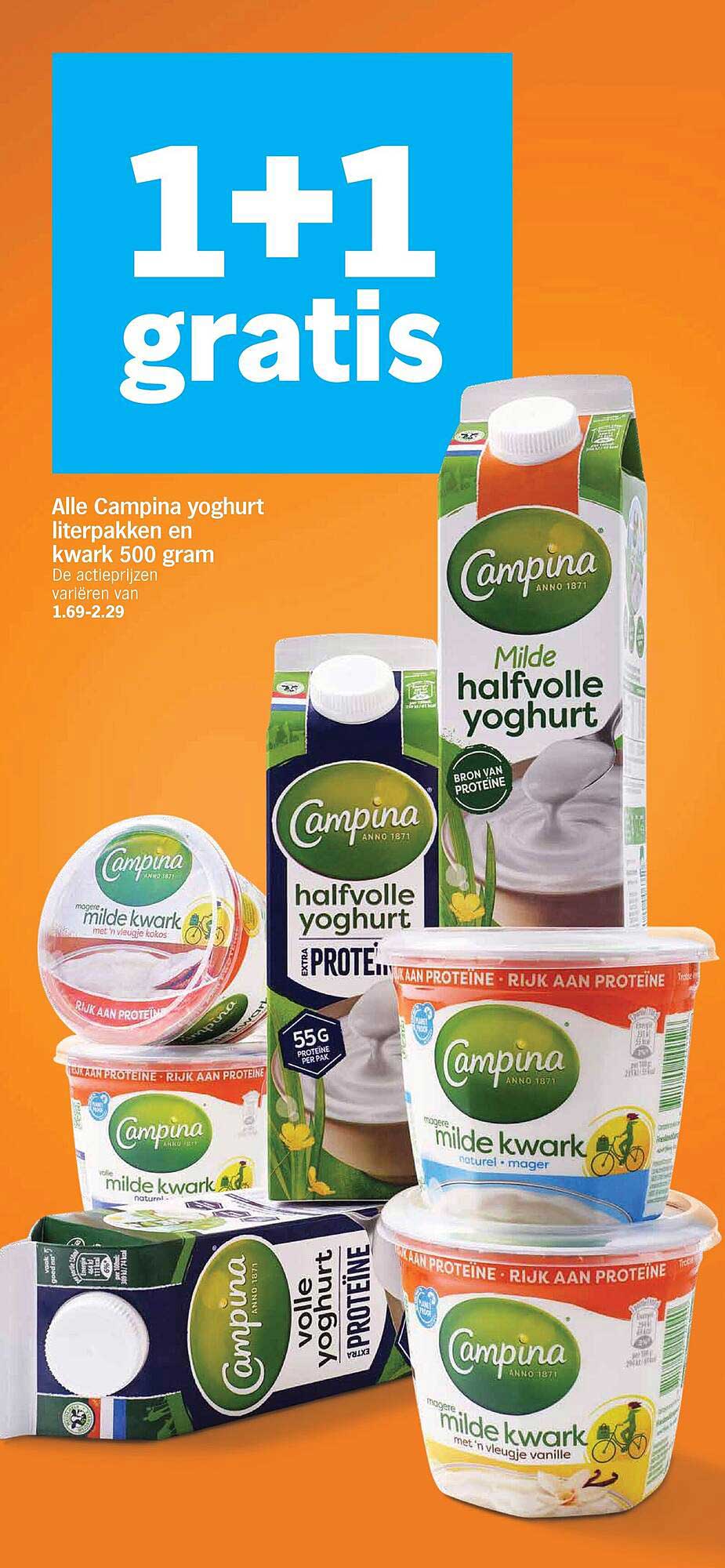 Alle Campina yoghurt literpakken en kwark 500 gram 1+1 gratis