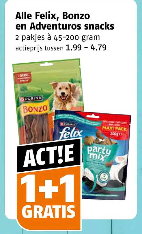 Alle Felix, Bonzo en Adventuros snacks 2 pakjes à 45-200 gram actietprijs tussen 1.99 - 4.79 ACT!E 1+1 GRATIS
