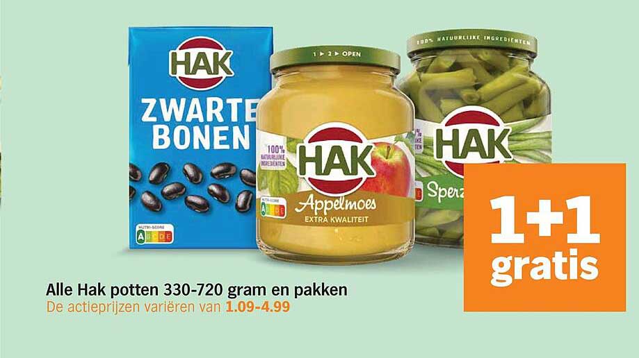 Alle Hak potten 330-720 gram en pakken 1+1 gratis