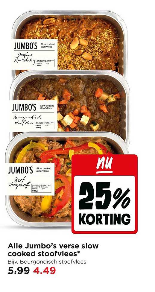 Alle Jumbo’s verse slow cooked stoofvlees* 25% korting