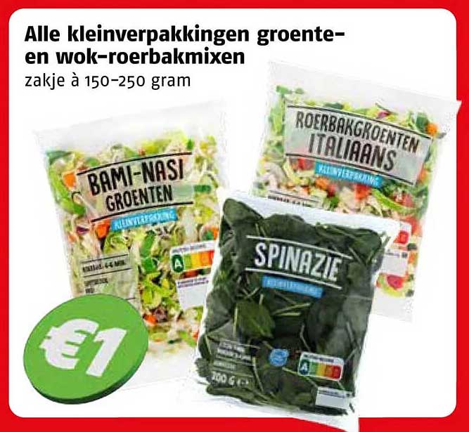 Alle kleinverpakkingen groente- en wok-roerbakmixen zakje à 150–250 gram