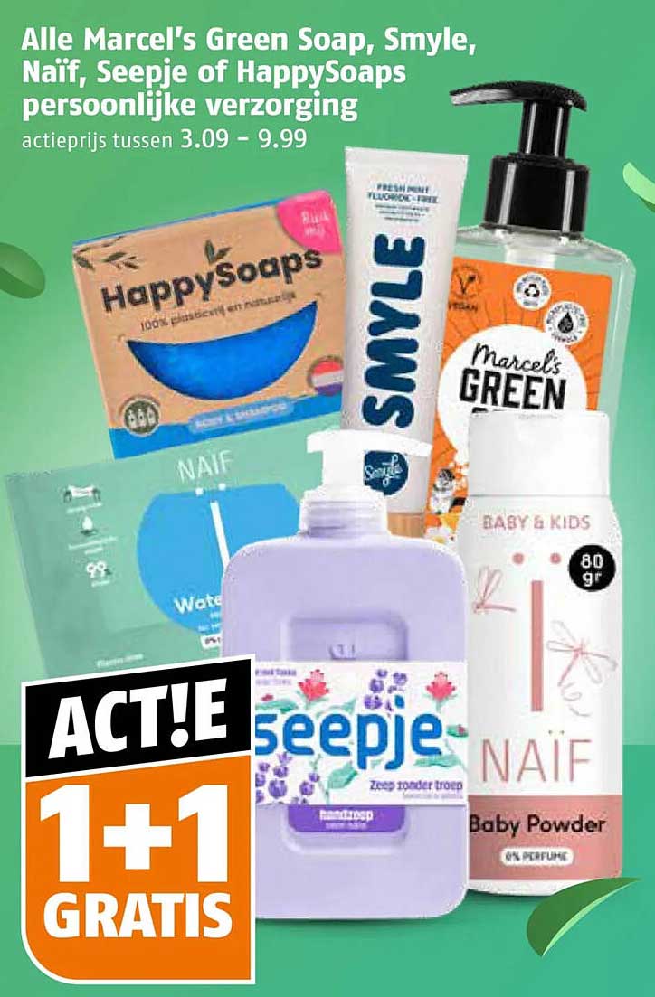 Alle Marcel's Green Soap, Smyle, Naïf, Seepje of HappySoaps persoonlijke verzorging 1+1 gratis