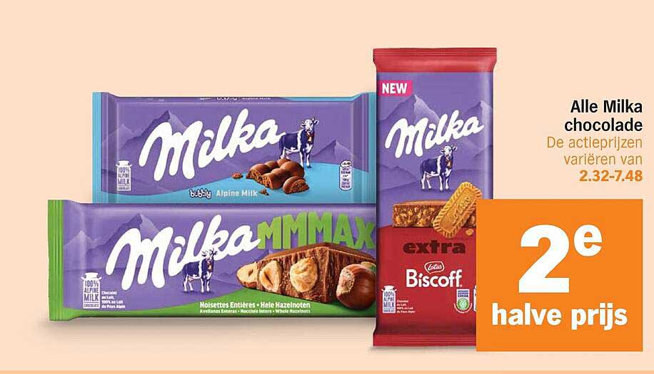 Alle Milka chocolade 2e halve prijs