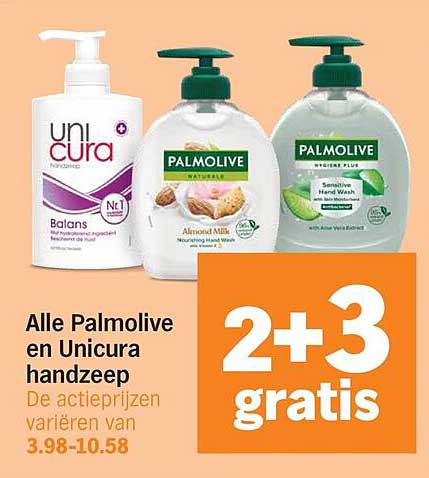 Alle Palmolive en Unicura handzeep 2+3 gratis