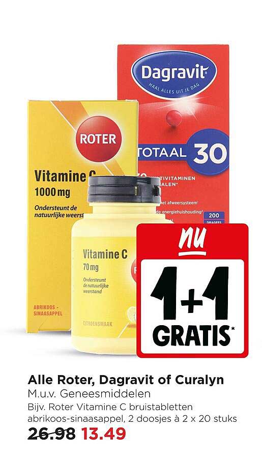 Alle Roter, Dagravit of Curalyn M.u.v. Geneesmiddelen Bijv. Roter Vitamine C bruistabletten abrikoos-sinaasappel, 2 doosjes à 2 x 20 stuks 1+1 GRATIS*