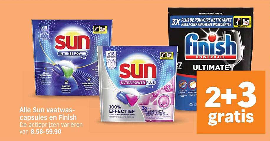 Alle Sun vaatwas-capsules en Finish 2+3 gratis