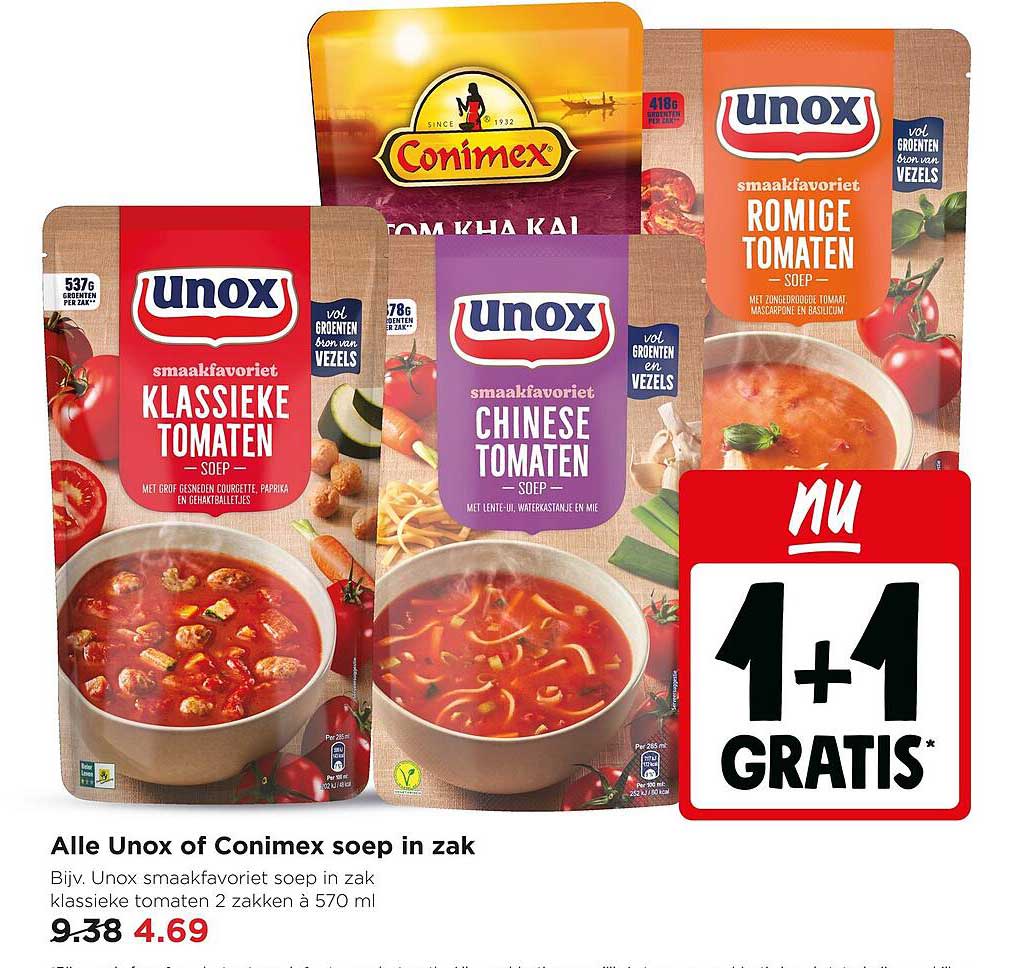 Alle Unox of Conimex soep in zak 1+1 GRATIS