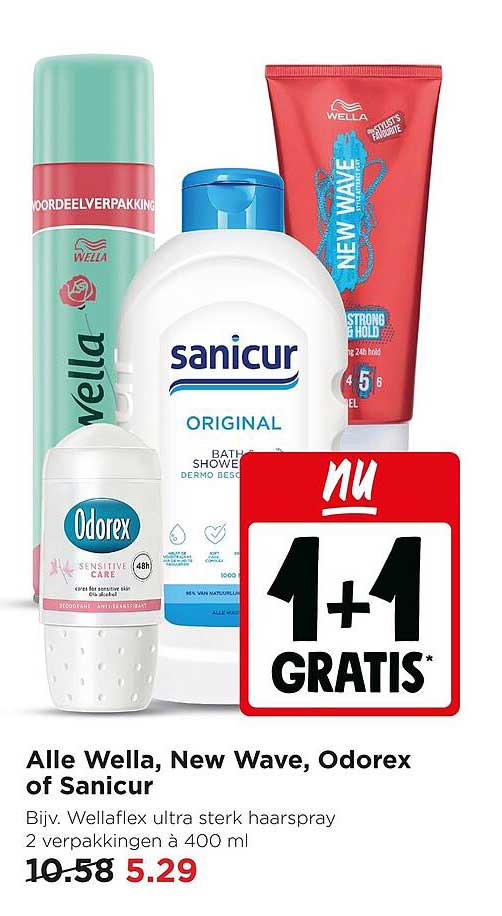 Alle Wella, New Wave, Odorex of Sanicur 1+1 gratis