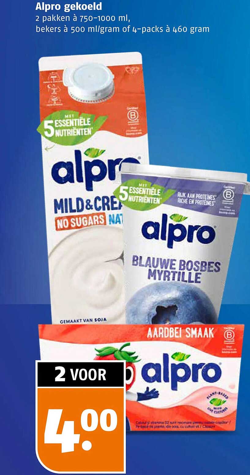 Alpro gekoeld 2 pakken à 750-1000 ml, bekers à 500 ml/gram of 4-packs à 460 gram