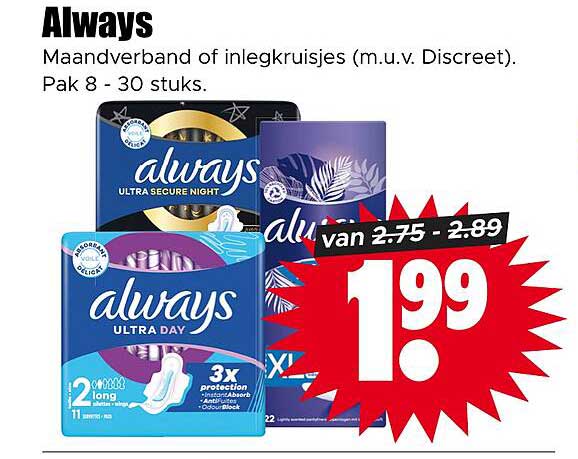 Always Maandverband of inlegkruisjes (m.u.v. Discreet), Pak 8 - 30 stuks