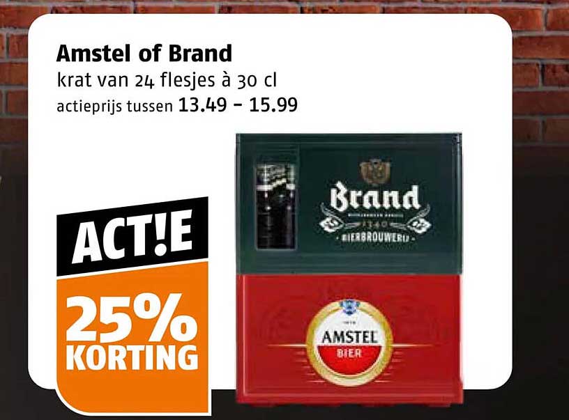 Amstel of Brand krat van 24 flesjes à 30 cl 25% korting