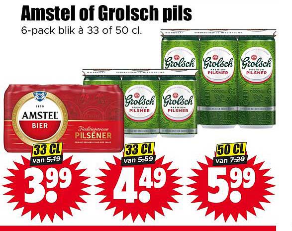 Amstel of Grolsch pils 6-pack blik à 33 of 50 cl.
