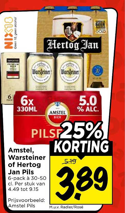 Amstel, Warsteiner of Hertog Jan Pils 6-pack 30-50 cl. Per stuk van 4.49 tot 9.15 25% KORTING