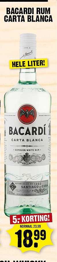 BACARDI RUM CARTA BLANCA HELE LITER! 5.- KORTING!