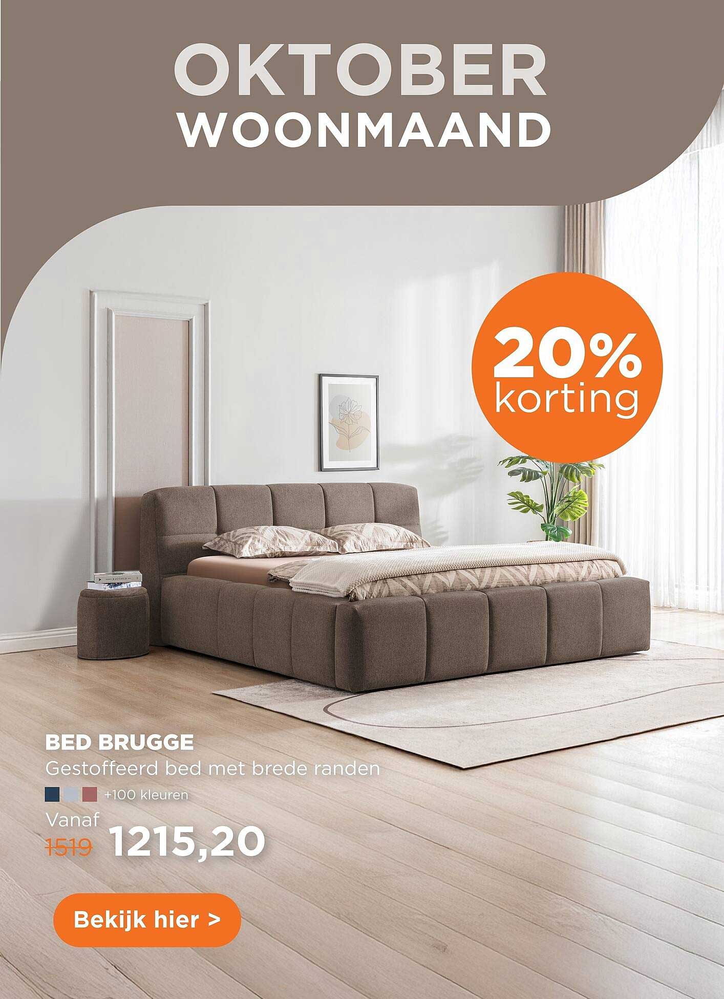 BED BRUGGE Gestoffeerd bed met brede randen 20% korting