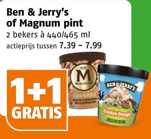 Ben & Jerry's of Magnum pint 2 bekers à 440/465 ml 1+1 GRATIS