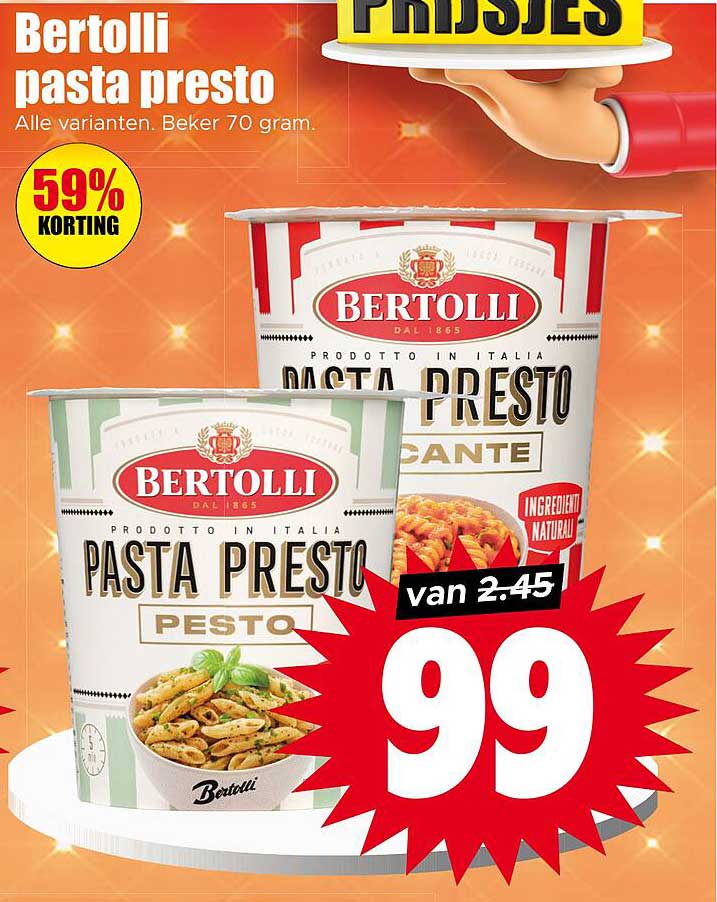 Bertolli pasta presto Alle varianten. Beker 70 gram. 59% korting