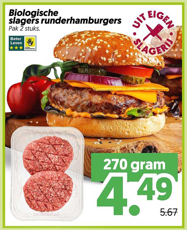 Biologische slagers runderhamburgers Pak 2 stuks. 270 gram