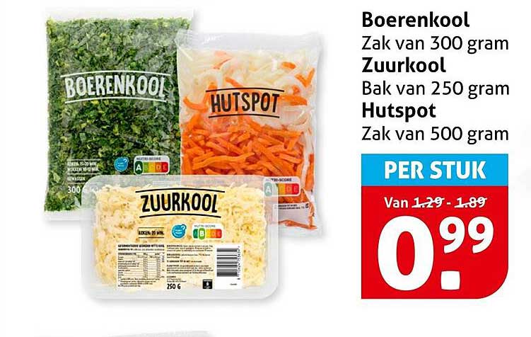 Boerenkool Zak van 300 gram Zuurkool Bak van 250 gram Hutspot Zak van 500 gram PER STUK