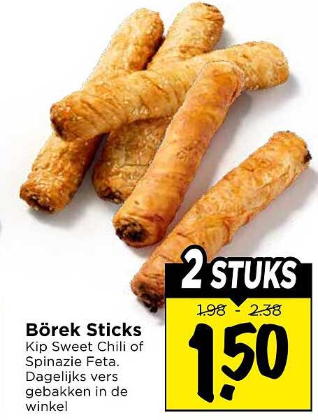 Börek Sticks Kip Sweet Chili of Spinazie Feta. Dagelijks vers gebakken in de winkel 2 STUKS