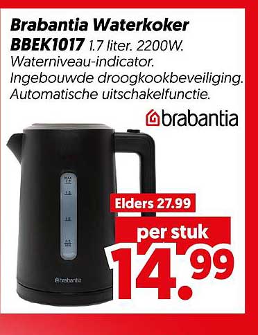 Brabantia Waterkoker BBEK1017 1.7 liter. 2200W. Waterniveau-indicator. Ingebouwde droogkookbeveiliging. Automatische uitschakelfunctie.