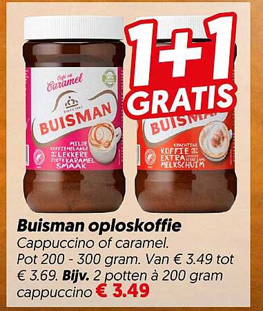 Buisman oploskoffie Cappuccino of caramel. Pot 200 - 300 gram. 1+1 gratis