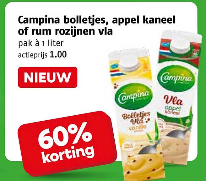 Campina bolletjes, appel kaneel of rum rozijnen vla pak á 1 liter