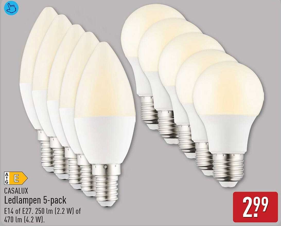 CASALUX Ledlampen 5-pack E14 of E27, 250 lm (2.2 W) of 470 lm (4.2 W).