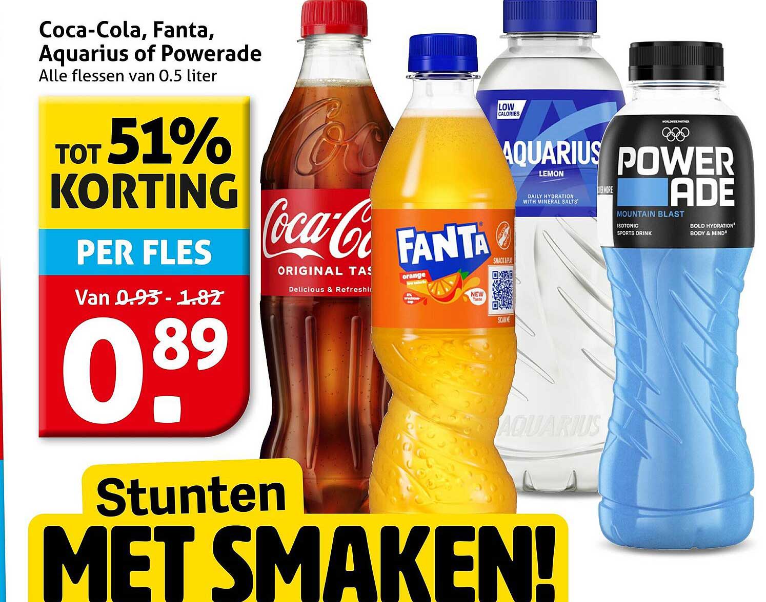 Coca-Cola, Fanta, Aquarius of Powerade Alle flessen van 0.5 liter TOT 51% KORTING PER FLES