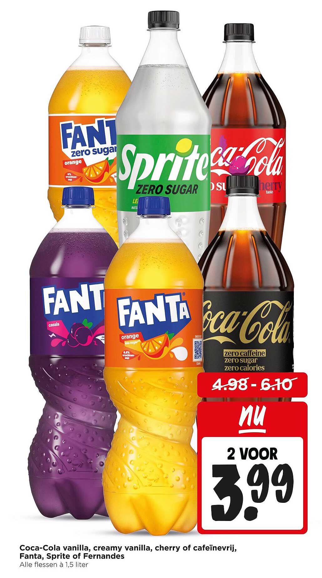 Coca-Cola vanilla, creamy vanilla, cherry of cafeïnevrij, Fanta, Sprite of Fernandes 2 voor 3.99