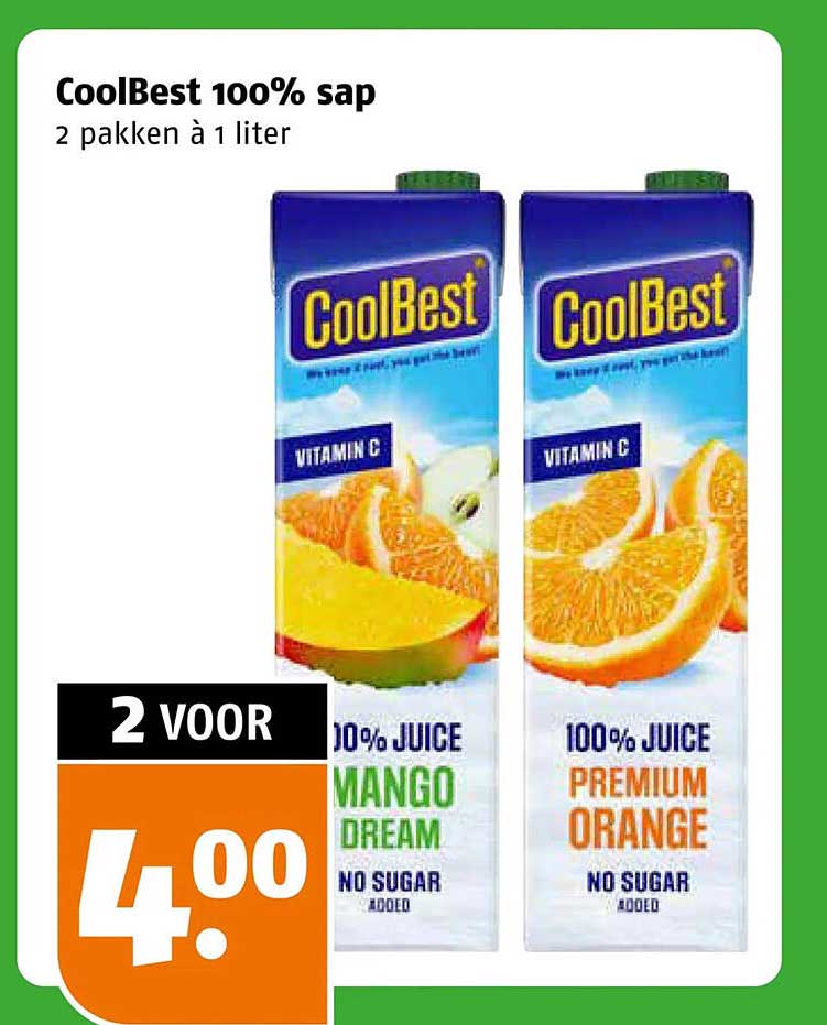 CoolBest 100% sap 2 pakken à 1 liter 2 voor