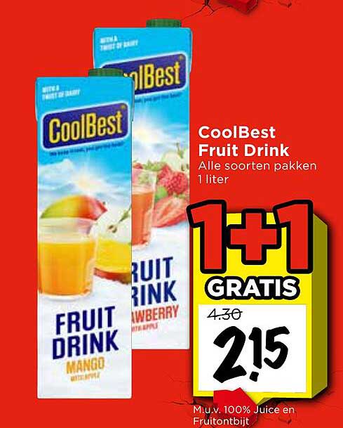 CoolBest Fruit Drink Alle soorten pakken 1 liter 1+1 gratis