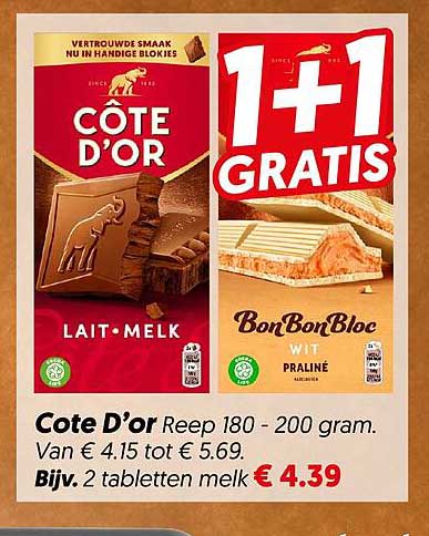Cote D'or Reep 180 - 200 gram. 1+1 GRATIS