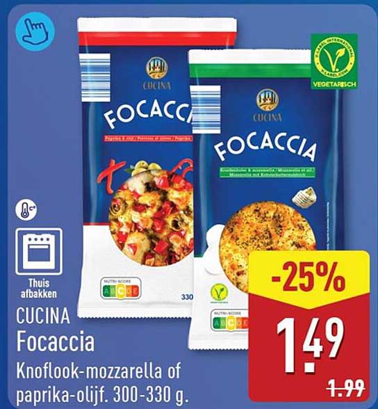 CUCINA Focaccia Knoflook-mozzarella of paprika-olijf, 300-330 g -25%