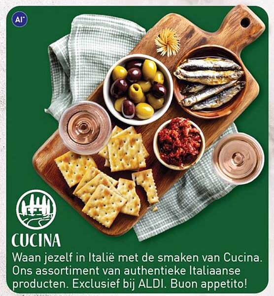 CUCINA Waan jezelf in Italië met de smaken van Cucina. Ons assortiment van authentieke Italiaanse producten. Exclusief bij ALDI. Buon appetito!