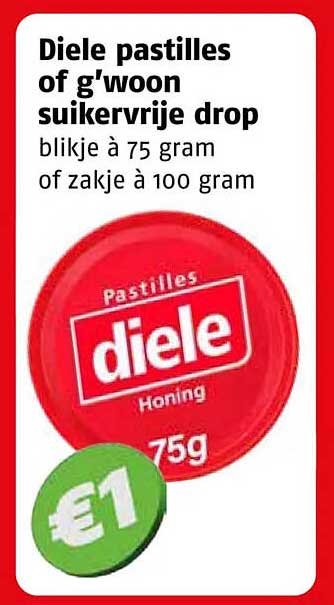 Diele pastilles of g'woon suikervrije drop blikje à 75 gram of zakje à 100 gram