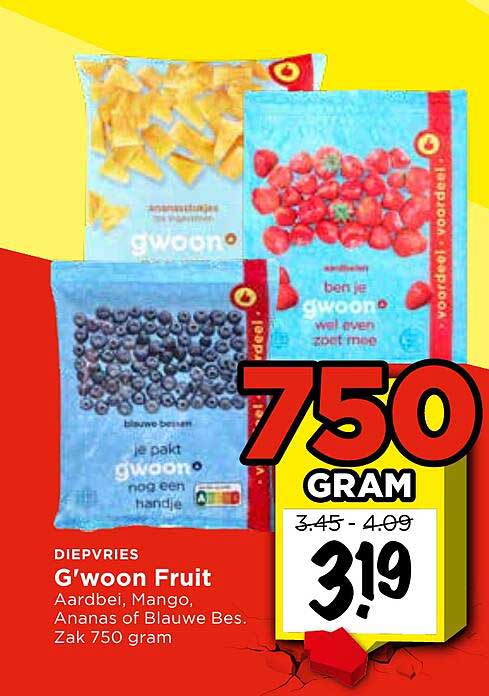 Diepvries G'woon Fruit Aardbei, Mango, Ananas of Blauwe Bes. Zak 750 gram