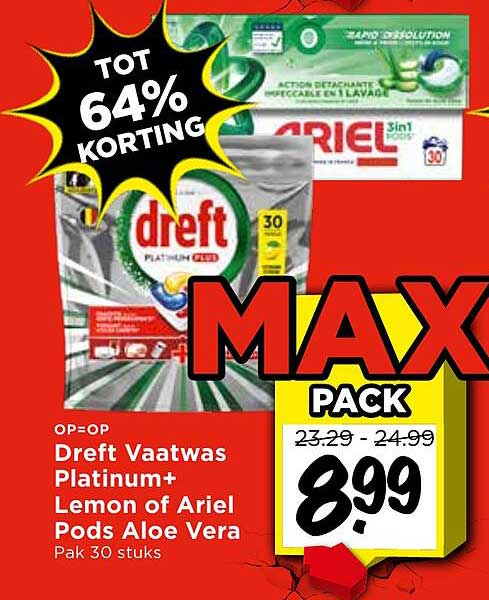 Dreft Vaatwas Platinum+ Lemon of Ariel Pods Aloe Vera Pak 30 stuks MAX PACK