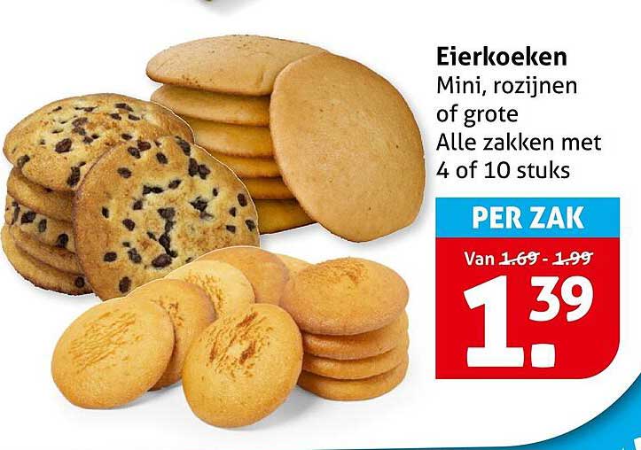 Eierkoeken Mini, rozijnen of grote Alle zakken met 4 of 10 stuks
