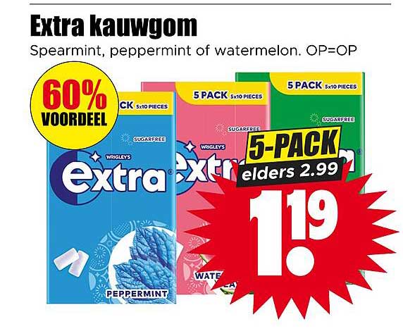 Extra kauwgom Spearmint, peppermint of watermelon. OP=OP